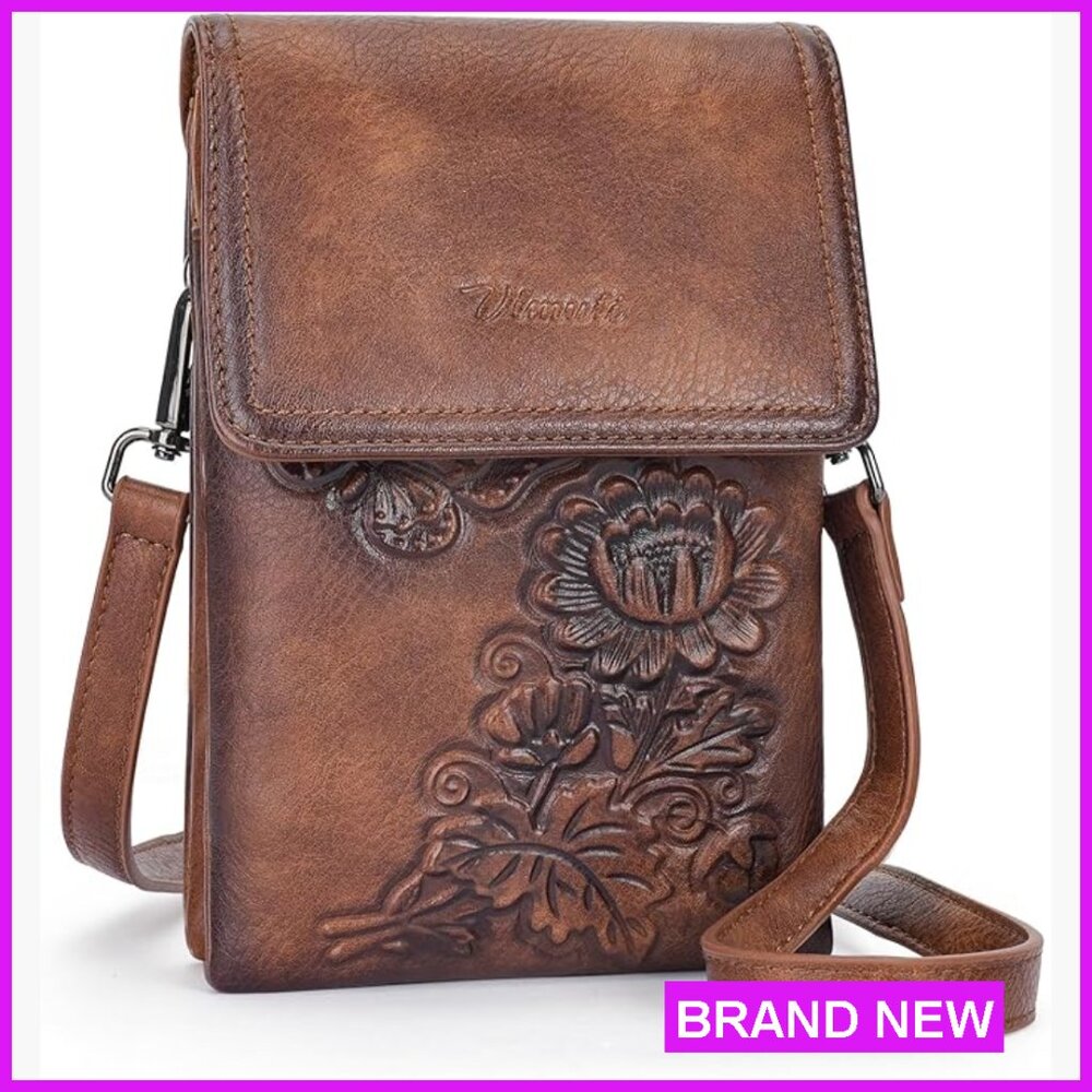 Trendy Vegan Leather Crossbody Bag Embossed Floral Design Phone Purse